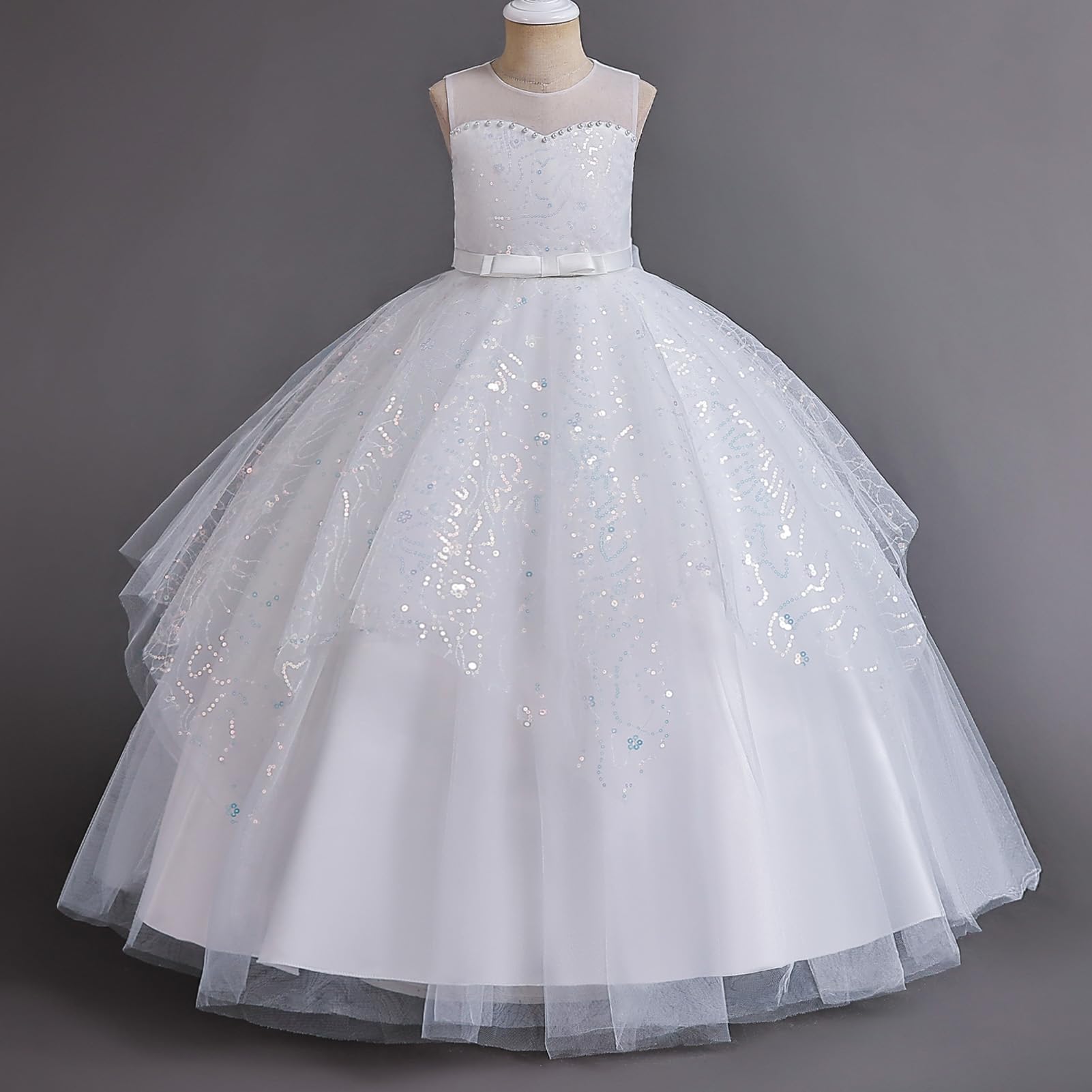 IBAKOM Robe de demoiselle d'honneur pour fille - Robe d'été sans manches avec nœud et paillettes - Robe de princesse en tulle pour enfants de 4 à 13 ans pour mariage