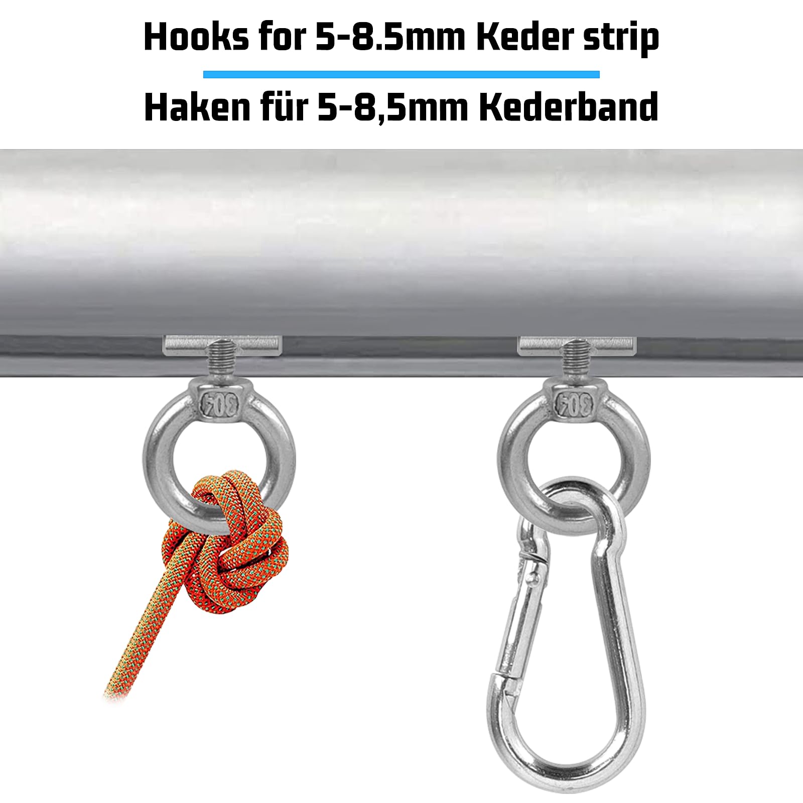 Listwa Kederowa Hakowa, zestaw 8 sztuk, 6 mm stal nierdzewna, zatrzask do markizy, zatrzask Keder z karabińczykiem, hak do markizy, akcesoria do Keder do przyczep kempingowych, kamperów