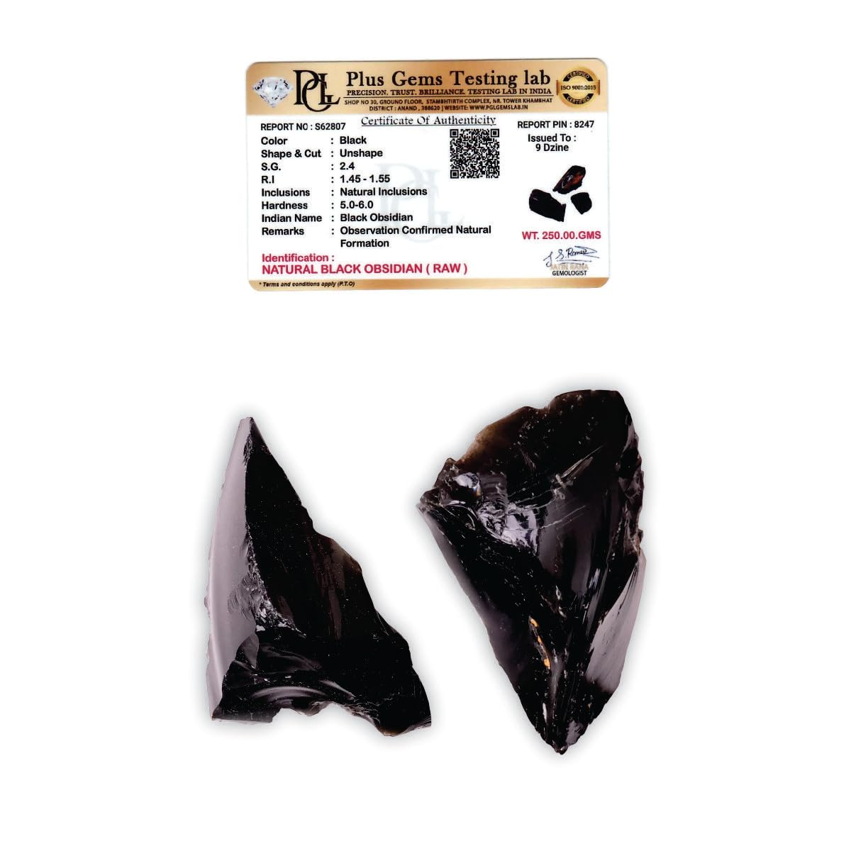 Certified Black Obsidian Raw Stone 250g (2-4 Pcs) with Authenticity Certificate | Natural Rough Crystal for Home Decor, Office Desk, Pooja Room, Meditation & Display