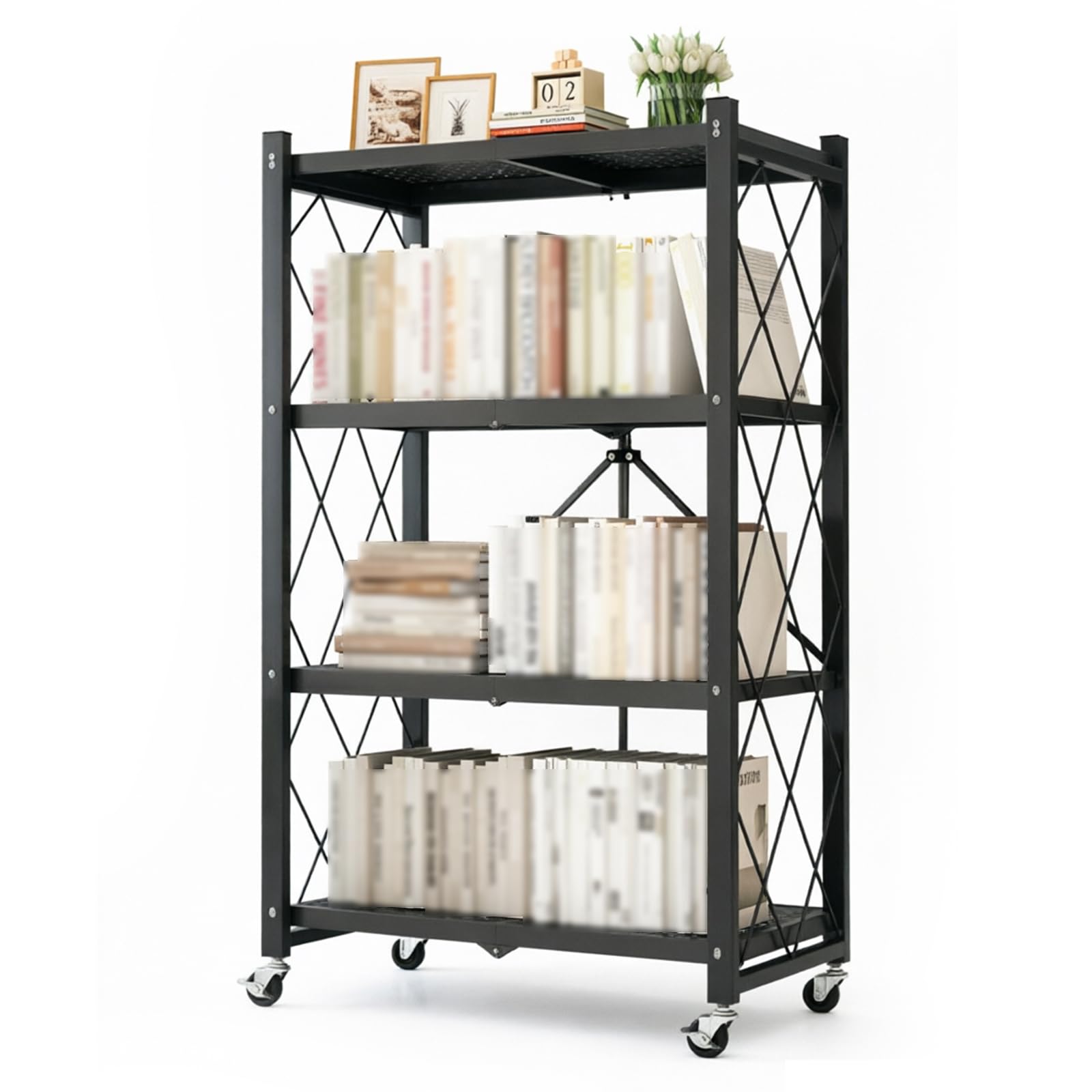 Étagère Métallique Pliable à roulettes, Rayon de Rangement Mobile Robuste sans Montage, Organisateur Pliable Multifonction pour Cuisine, Garage, Buanderie et Salle de Bain(Size:125cm,Color:Noir)