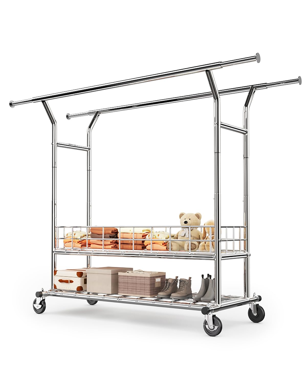HOKEEPER Heavy Duty Clothes Rack, Rolling Garment Rack with Wheels, Double Rod with Metal Basket, for Bedroom, Living Room
