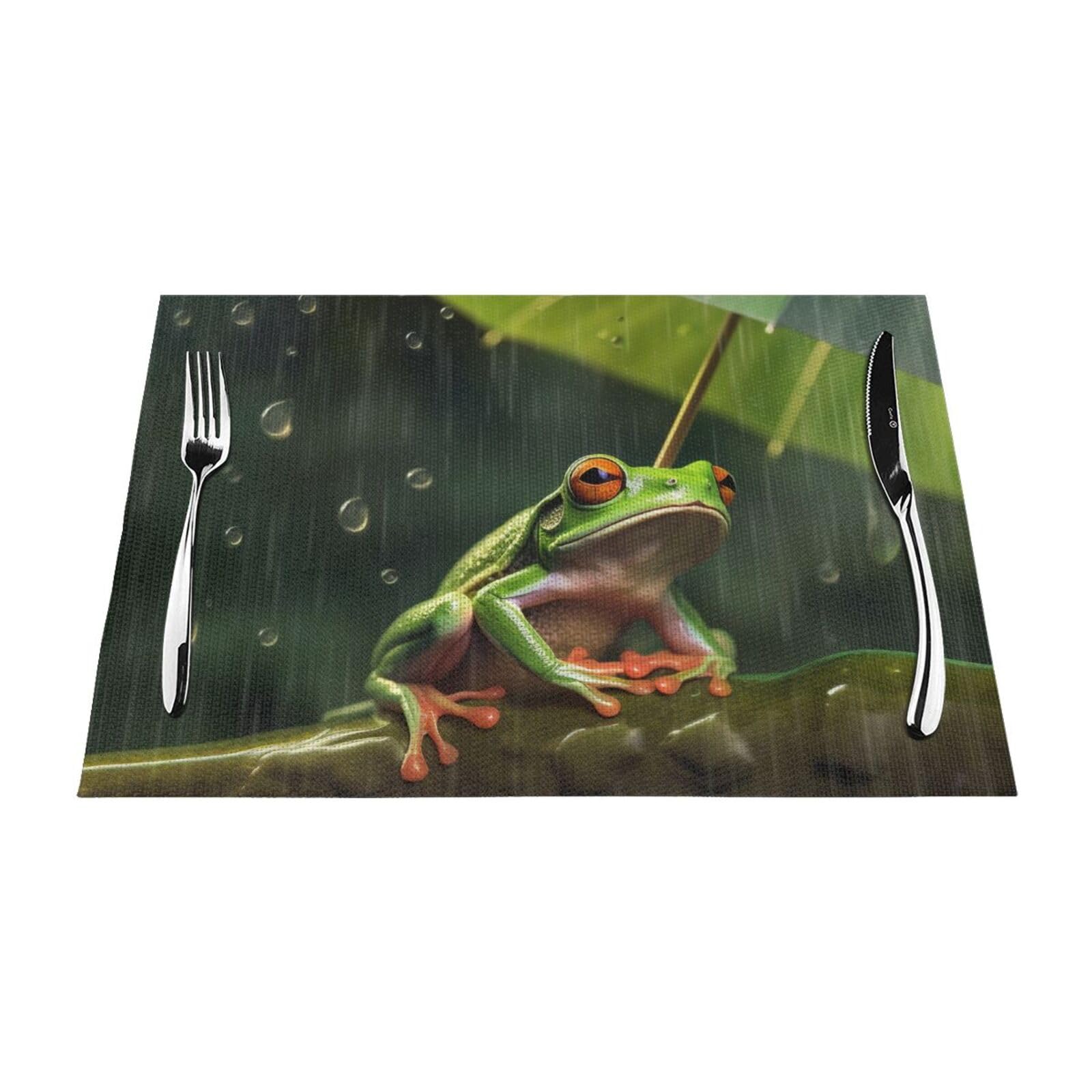 Frog and Rain Printed PVC Placemat 6 PCS for Kitchen Dining Table Heat-resistand Washable Table Mats 18x12 in