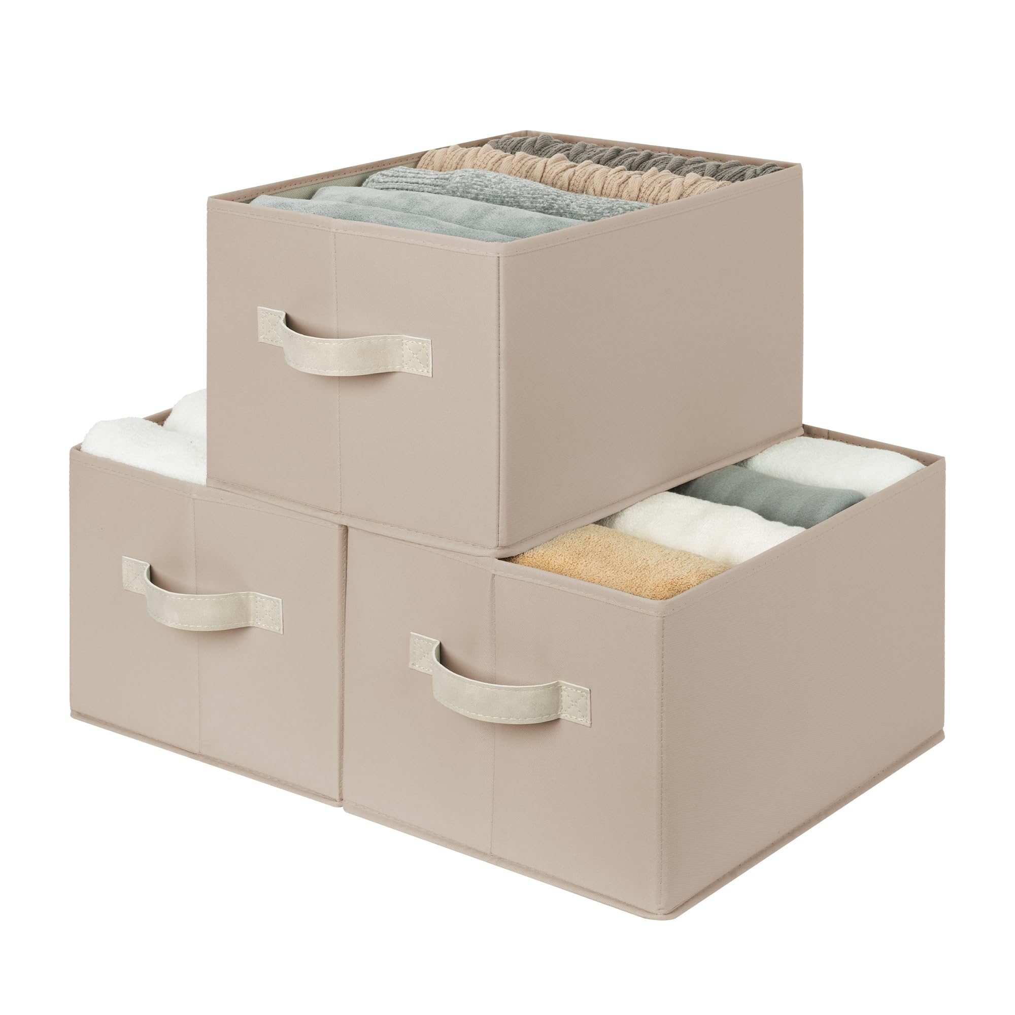 StorageWorks Wardrobe Storage Organiser with Handles, Decorative Storage Baskets for Clothes, Foldable Storage Baskets for Shelves, Fabric Storage Boxes for Living Room, Light Brown, 3-Pack, Large