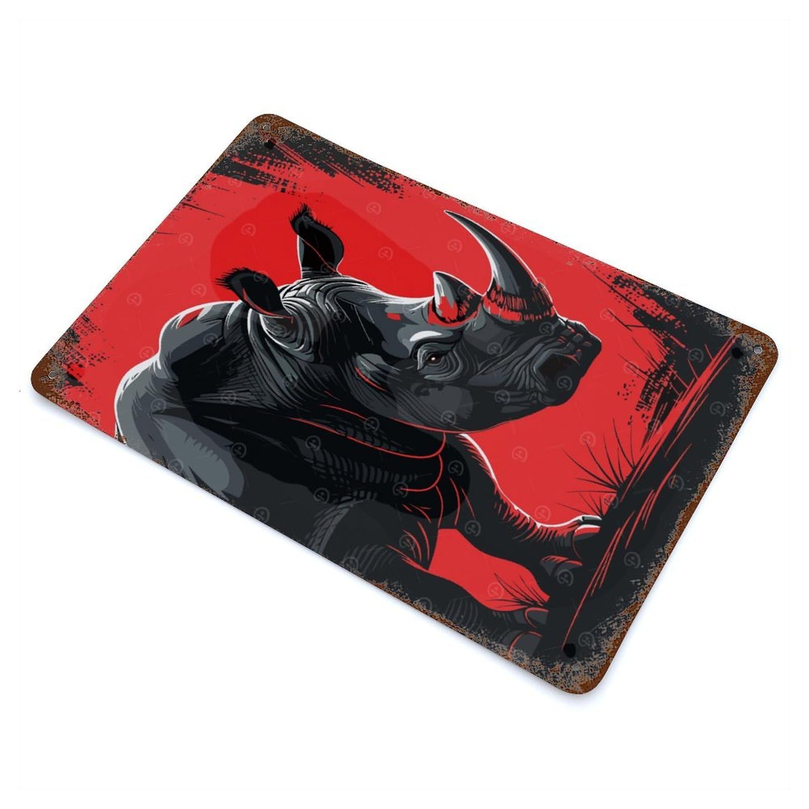 Garage Style Stylized Rhino Illustration on Red Background Rust Effect Tin Sign 11.8"x7.9", Vintage Wall Decor for Bar And Workshop