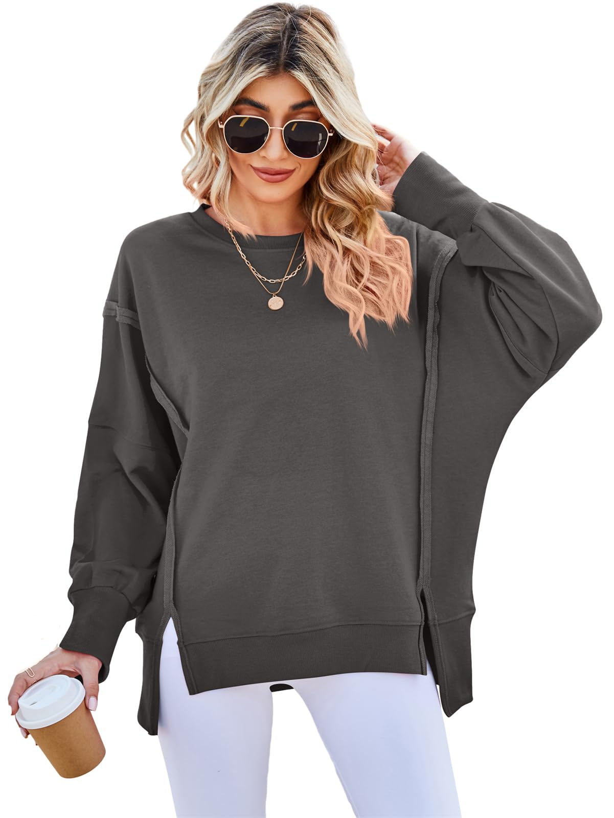 SotRongOversized Sweatshirt Women Crewneck Long Sleeve Tops Baggy Loose Fit Pullover Teen Girls Fashion Y2K T Shirts High Low Asymmetric Hem with Side Split