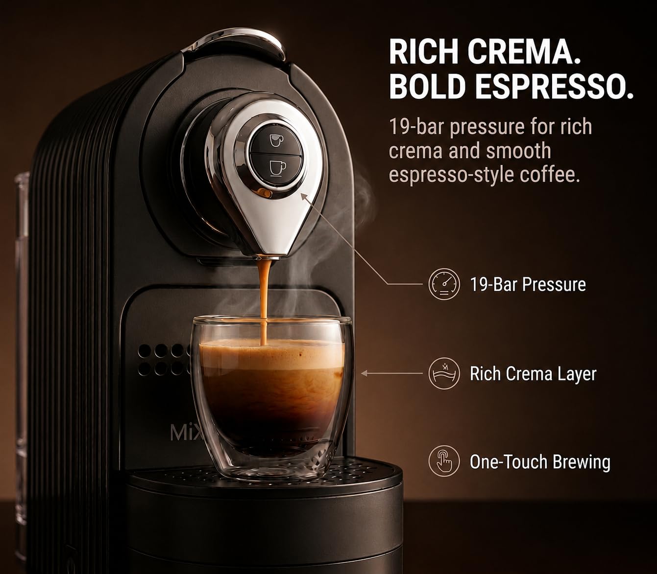 Mixpresso Cafetera espresso negra – Cafetera compacta de 1400 W, compatible con cápsulas Nespresso OriginalLine, operación de un solo toque, bomba italiana de 19 barras, tanque de agua de 26 onzas