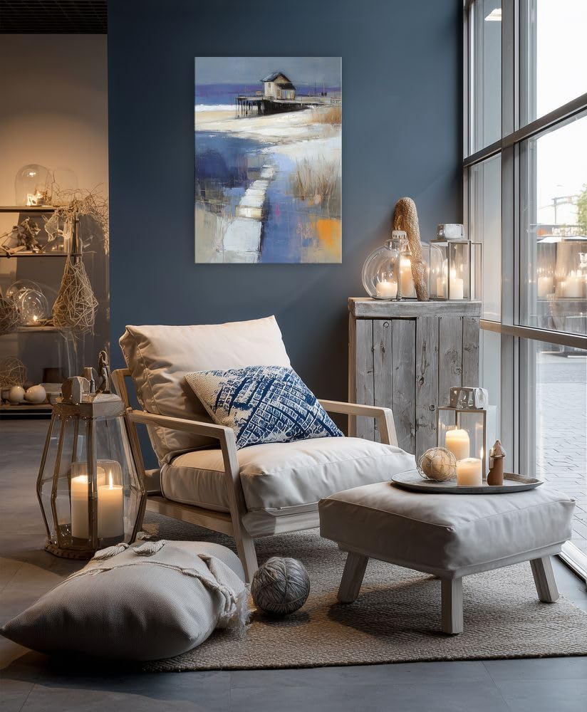 artissimo Leinwandbild Bild 50x70 cm Hochformat AG5688 – abstrakte Malerei Meer mit Strandhaus, moderne Kunst auf Leinwand, maritime Wanddeko