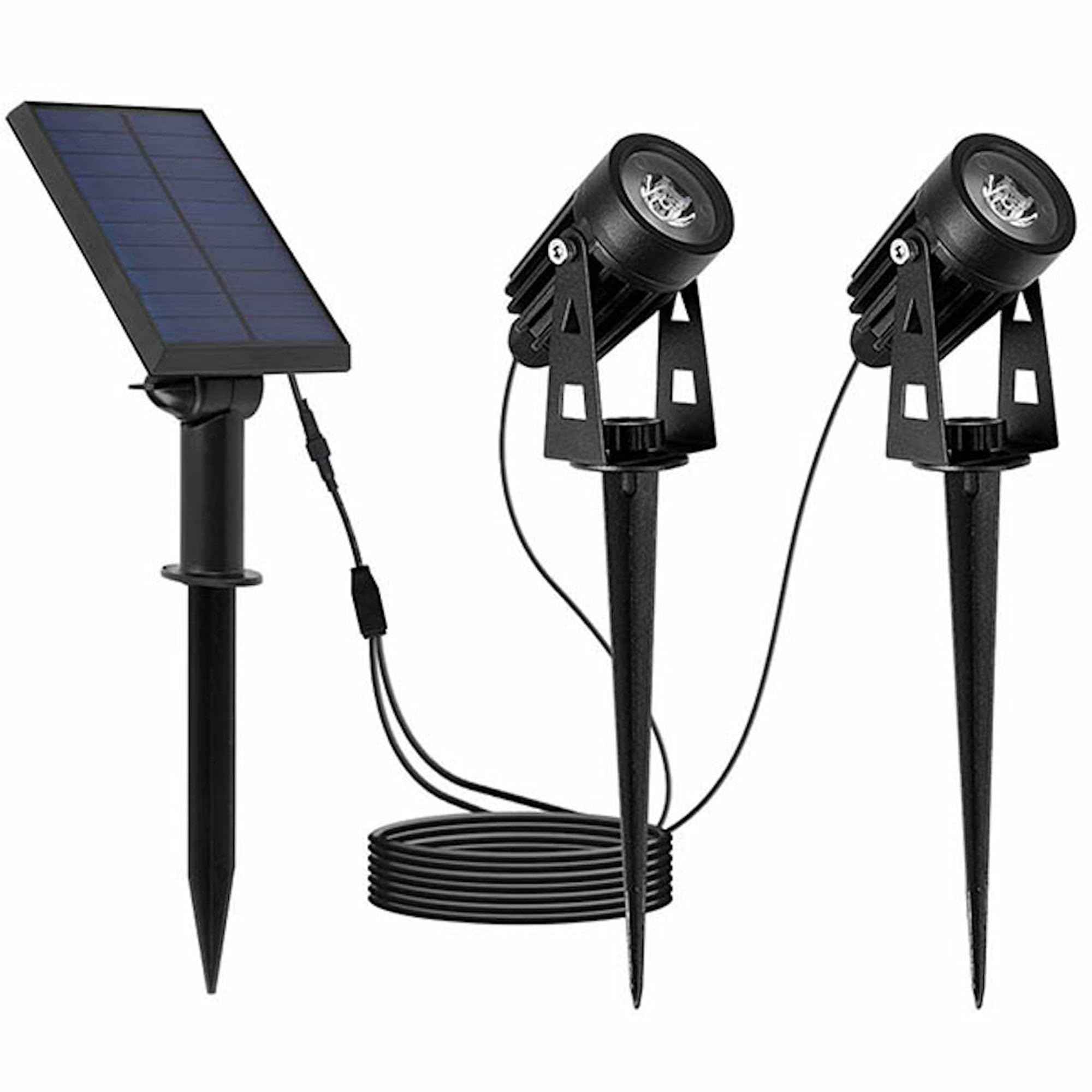 LUMI JARDIN Lumisky Podwójne przyłącze solarne reflektory solarne z panelem słonecznym 2 w 1 do zszywania lub mocowania, mocne oświetlenie LED, zimna biel, 2x ROUNDY H27 cm