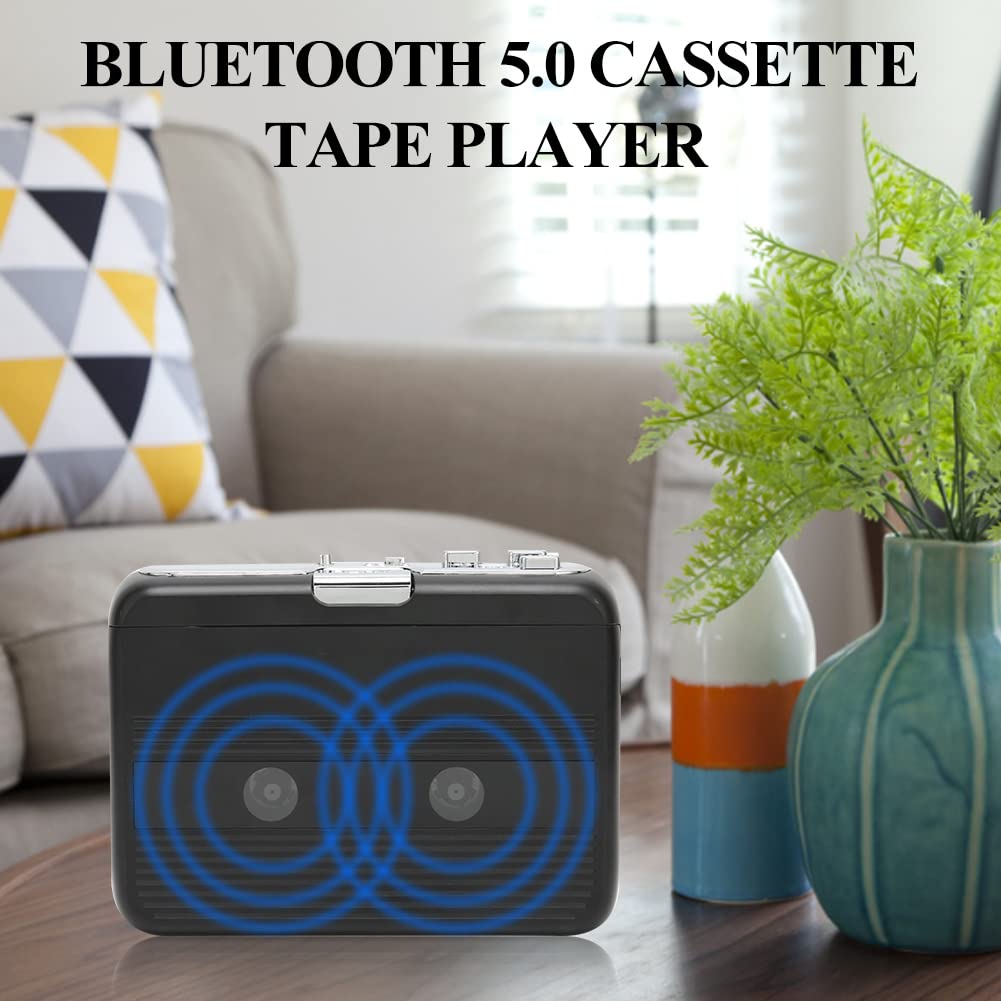 Annadue Lecteur de Cassette Bluetooth Portable, avec Casque, Transfert vers Haut-Parleur, Inversion Automatique, Radio FM, Noir
