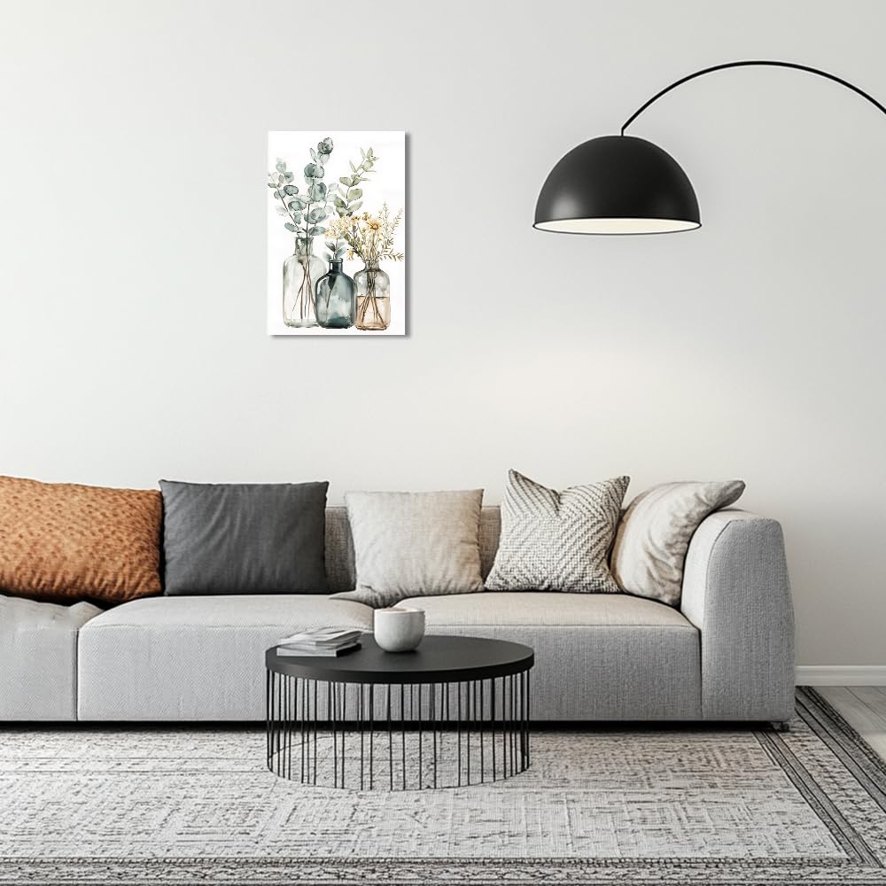 QIXIANG Kunstdruck auf Leinwand, Motiv: Eukalyptus-Salbei, grüne Blumenblätter, Bilddrucke, Boho, Wildblume, botanisches Gemälde für Wohnzimmer, Badezimmer (weiß, 40,6 x 61 cm)