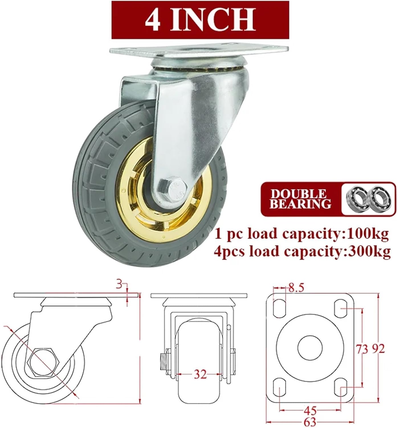Casters Heavy Loads Rubber Swivel for Furniture Wheels Mover Noiseless Shelf Wheelbarrow Cart Hardwares Transporter Tire Trolley (Color : 1pc Fixed Wheel, Size : 5 Inch)