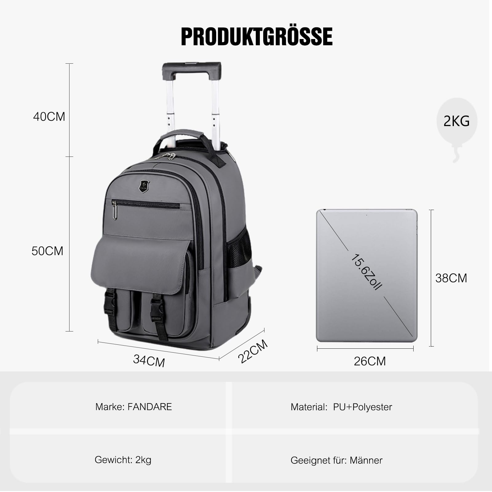 FANDARE 2 in 1 Business Trolley Rucksack Reiserucksack mit schnell laufenden Rollen Herren Laptop-Trolley Handgepäck Koffer Rolling Notebook bis 15.6 Zoll Reisetasche Arbeit Reisekoffer Aaktenkoffer