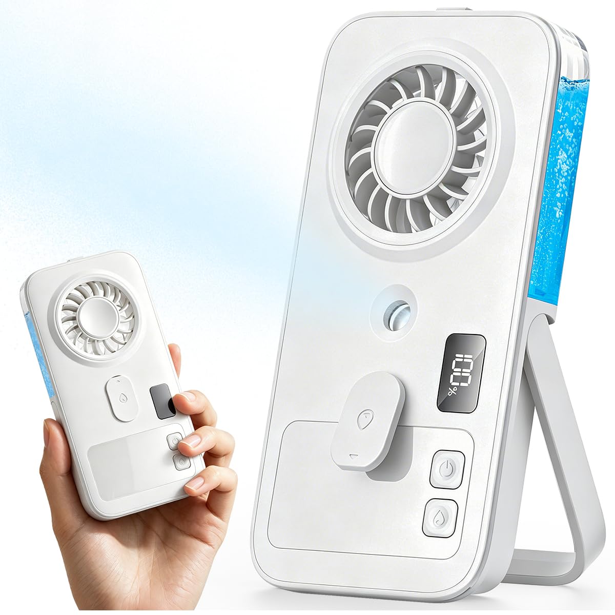 Otlonpe Mini Handheld Portable Mist Fan, Small Rechargeable Handheld Fan with Water Mist Spray, 4 Speeds, LED Display, Foldable Stand, Mini Personal Misting Cooling Fans for Travel (White)