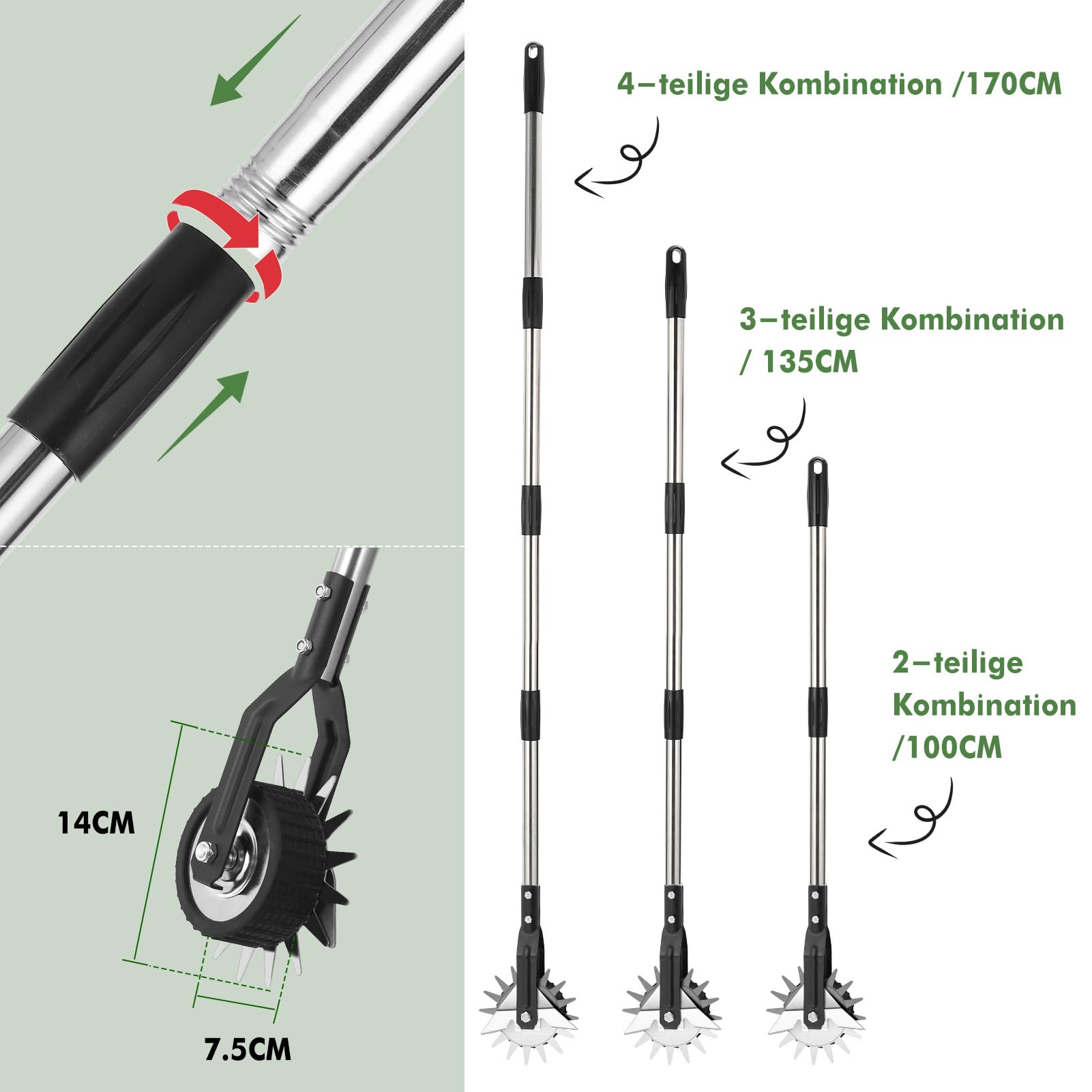 HAUSPROFI Rasenkantenschneider mit Verbesserter Stiel und Schleifmesser, [2026 Version] Kantenschneider Rasen auf Rollen - Rasenkantenroller Einstellbar, 3-Teiliger Edelstahlgriff (97,5/135/172cm)