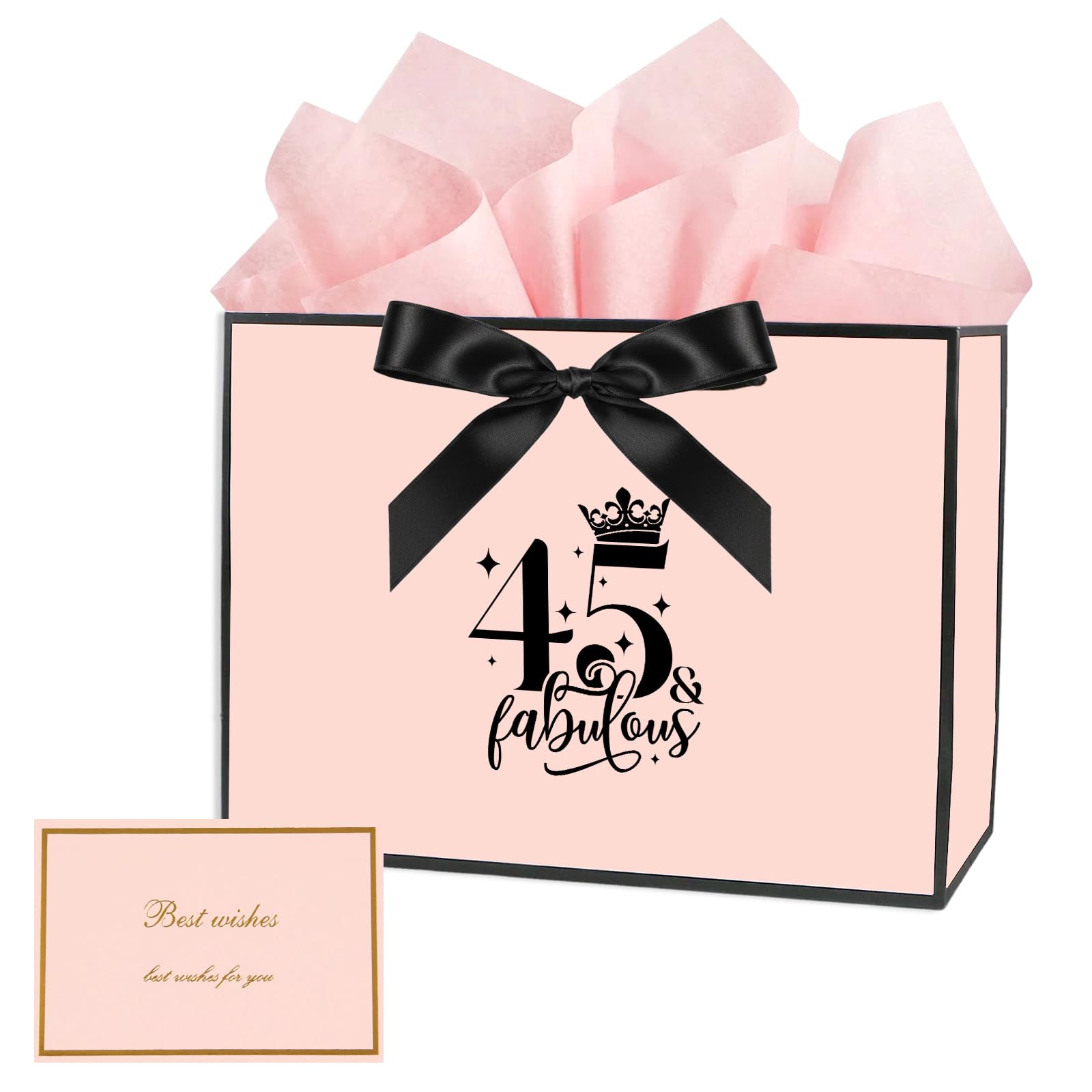 Bliceon 45th Birthday Gift Bag with Wrapping Paper and Card, 45th Birthday Gifts for Women and Men, Medium Gift Bags for Birthdays Party, Anniversary, Presents (Pink)