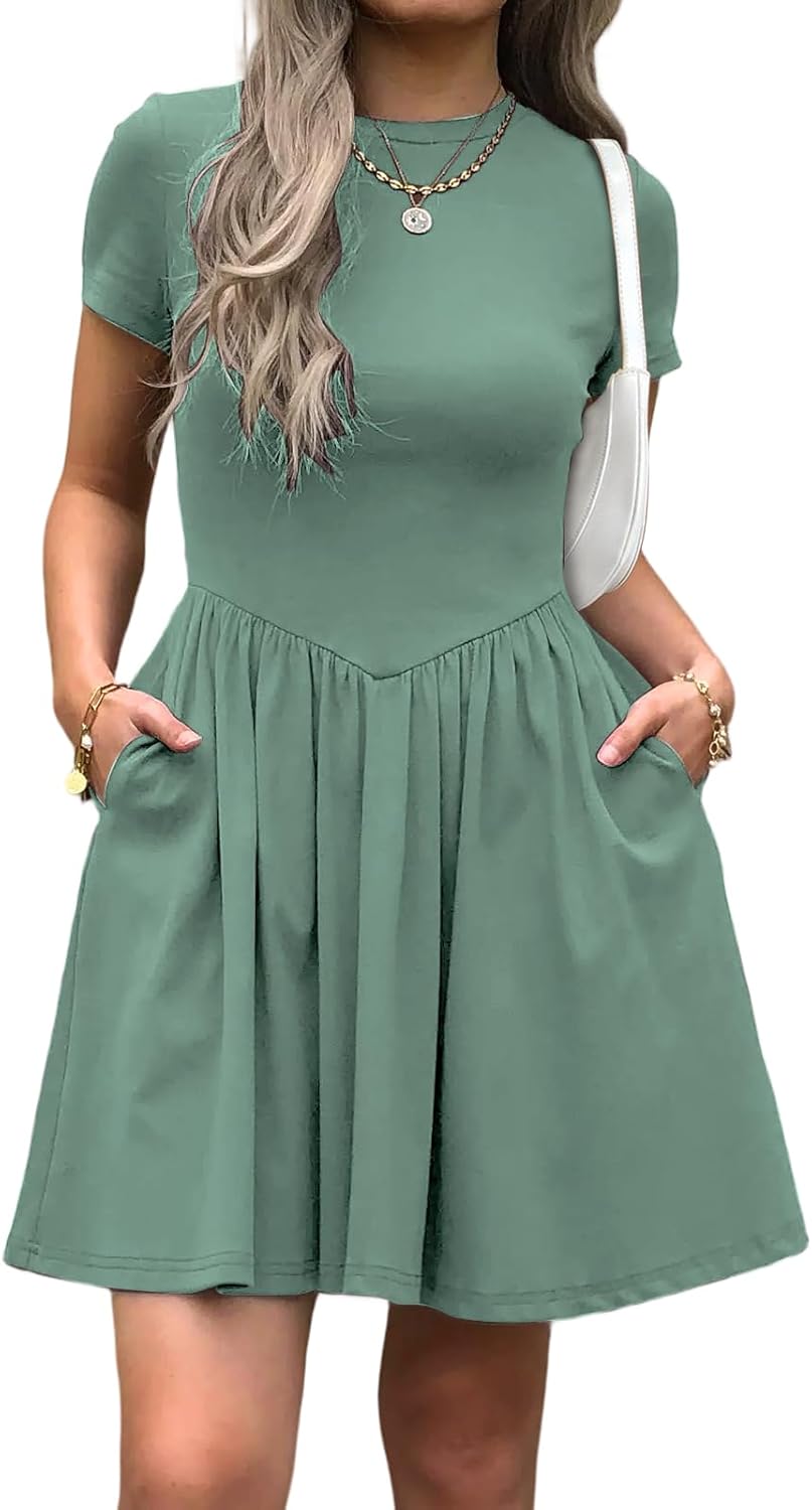 Evzeiem Womens Summer T Shirt Dress Short Sleeve Casual Mini Dresses Drop Waist Swing A Line Dress with Pockets