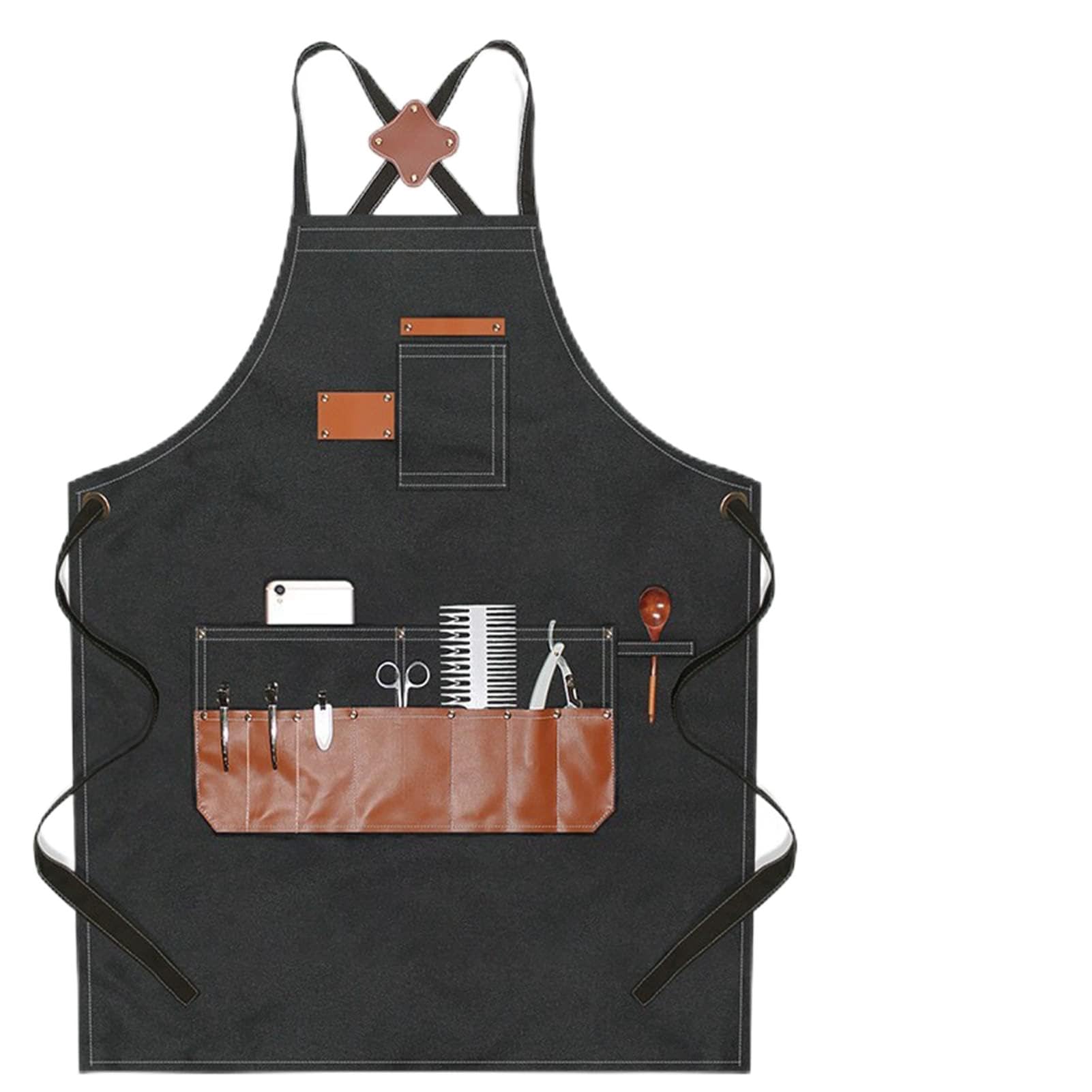 Delantal negro impermeable con bolsillos para barberos y carpinteros profesionales 8