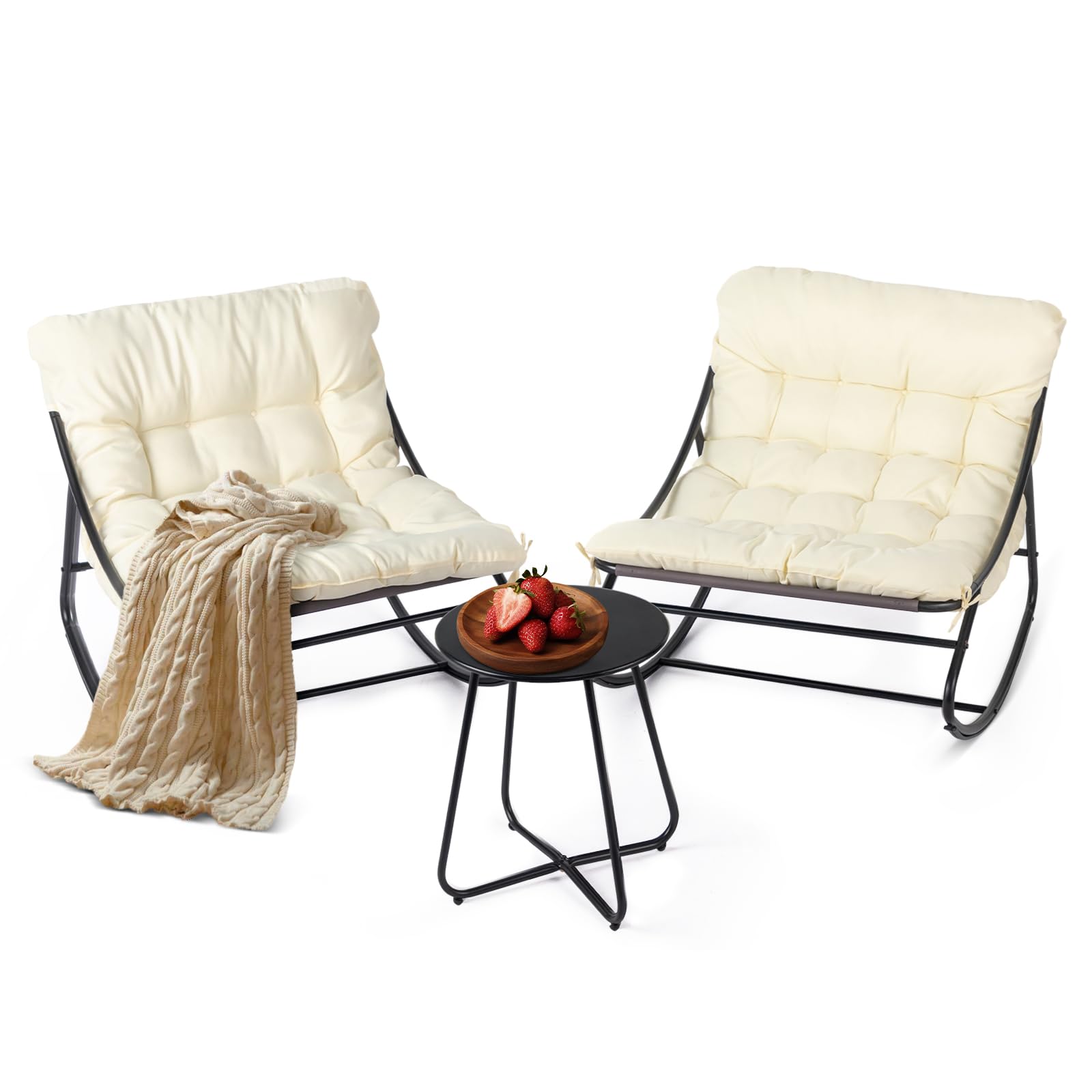 Bonnlo Outdoor Rocking Chair Set with Table, 3-Piece Table and Chairs Set with Removable Cushions for Indoor and Outdoor, White