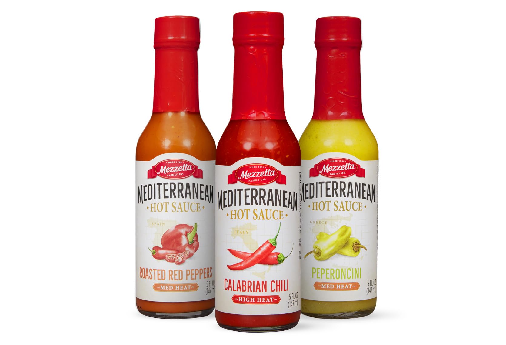 Mezzetta Hot Sauce Sampler with Peperoncini, Roasted Red Peppers & Calabrian Chili | Non-GMO | 5 Fluid Ounce Jar (Pack of 3)