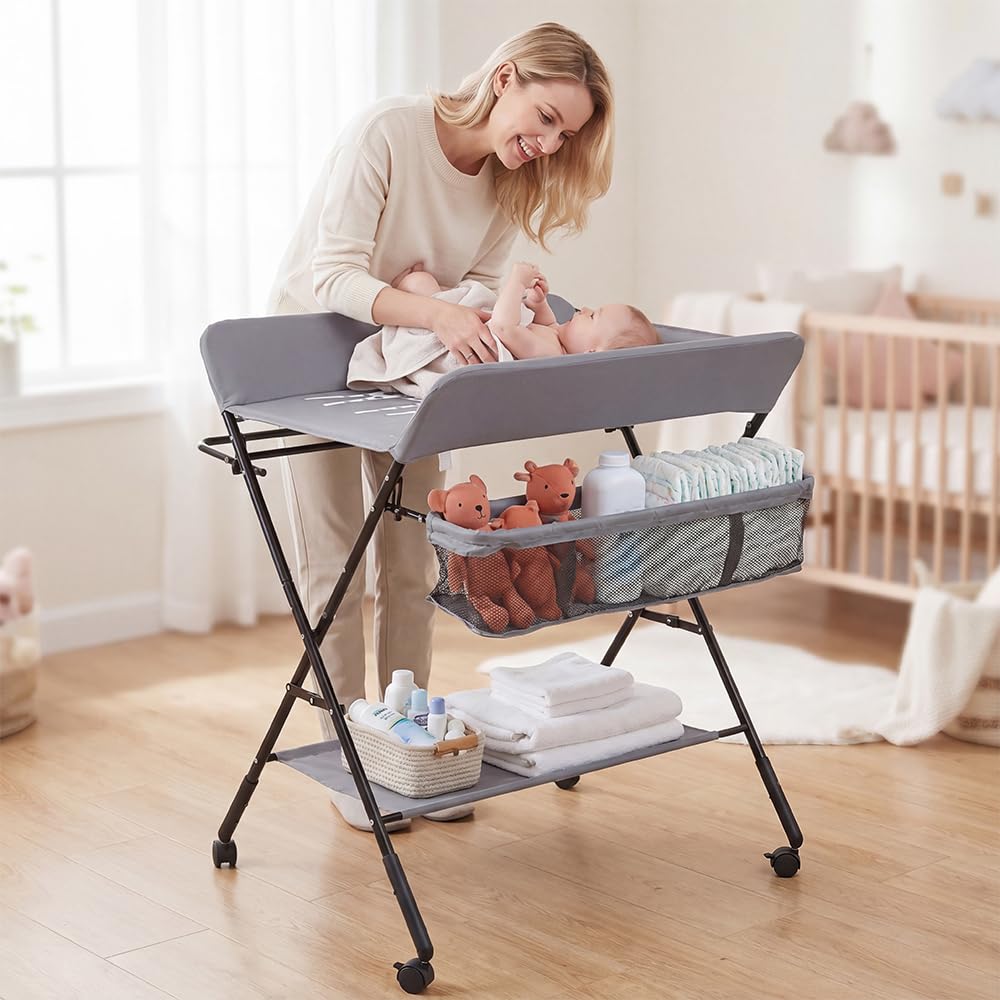 Mesa cambiador plegable Bebe, mesa de pañales plegable con cinturón de seguridad y cesta de almacenamiento, altura ajustable en 3 posiciones, cómoda cambiador portátil, carga 25 kg (80 x 66 x 98 cm,