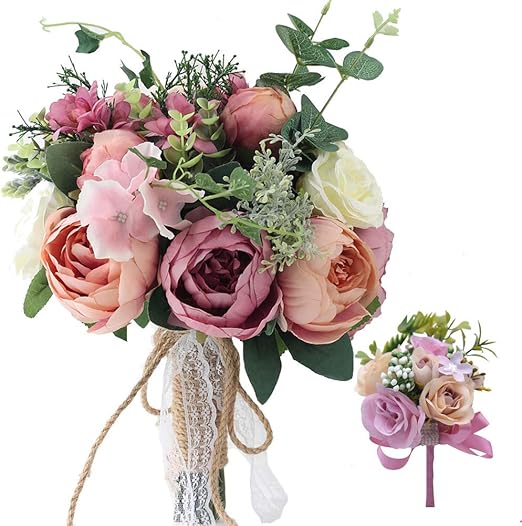 Amazon Misaki ウエディングブーケ 造花 花嫁ブーケ ブライダルブーケ ラウンドブーケ 芍薬 バラ 花束 欧米風 森ガール 結婚式 ニ次会 撮影 赤紫 造花 オンライン通販