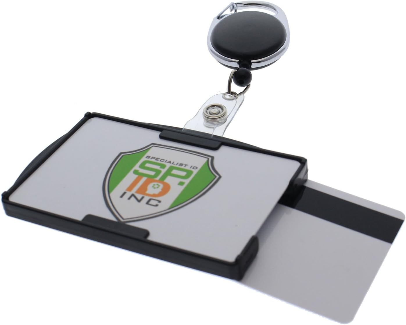 5 Pack - Premium Two Card Plastic Badge Holder - Vertical or Horizontal - with Heavy Duty Retractable Carabiner Clip Badge Reel by Specialist ID (Black)