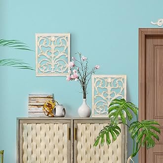 Sungmor 2PC Beautiful Floral Carved Scroll Wall Décor 12" x 15" Large Pretty Metal Hanging, Solid Wall Mount Decorative Sculpture, Gorgeous Vintage Wall Art Living Room Hallway Bedroom Home Decoration