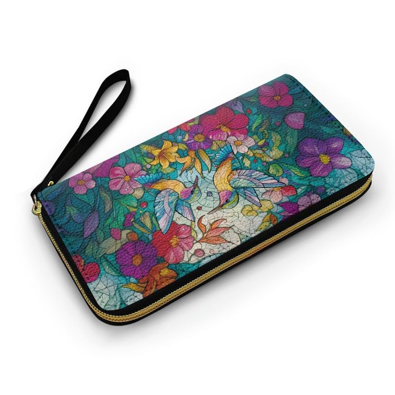 Hummingbird Flowers Zip Around Wallet for Women Long Purse, Stained Glass Art Birds Floral Slim Credit Card Holder Bifold Phone Clutch Organizer2