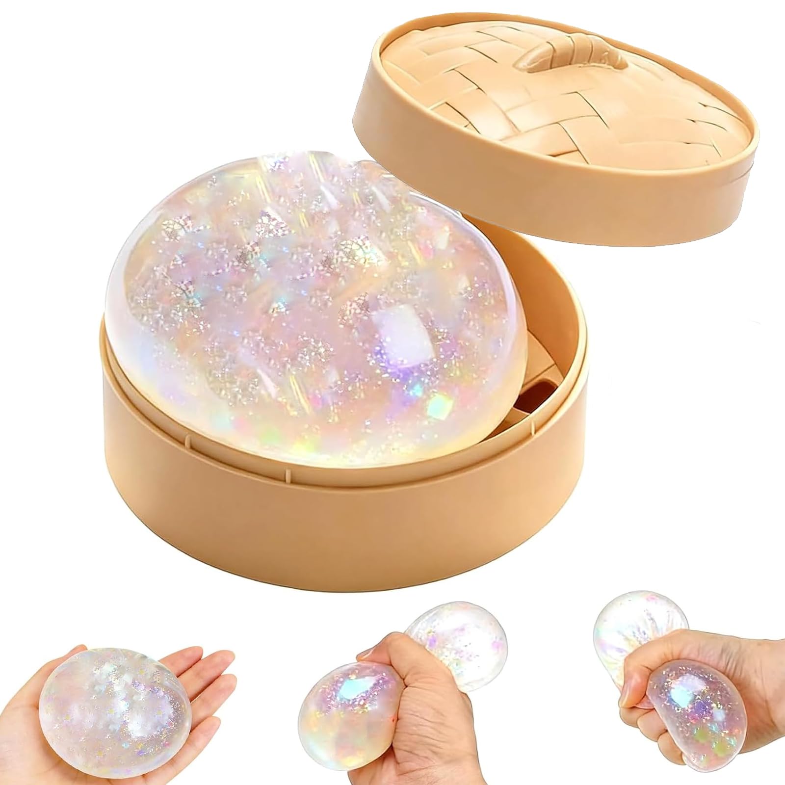 Glitter Squishy Dumpling Large Stress Relief Sensory Ball for Adults and Kid, Soft Squeeze Decompression Dough Fidget Toys (transparent)