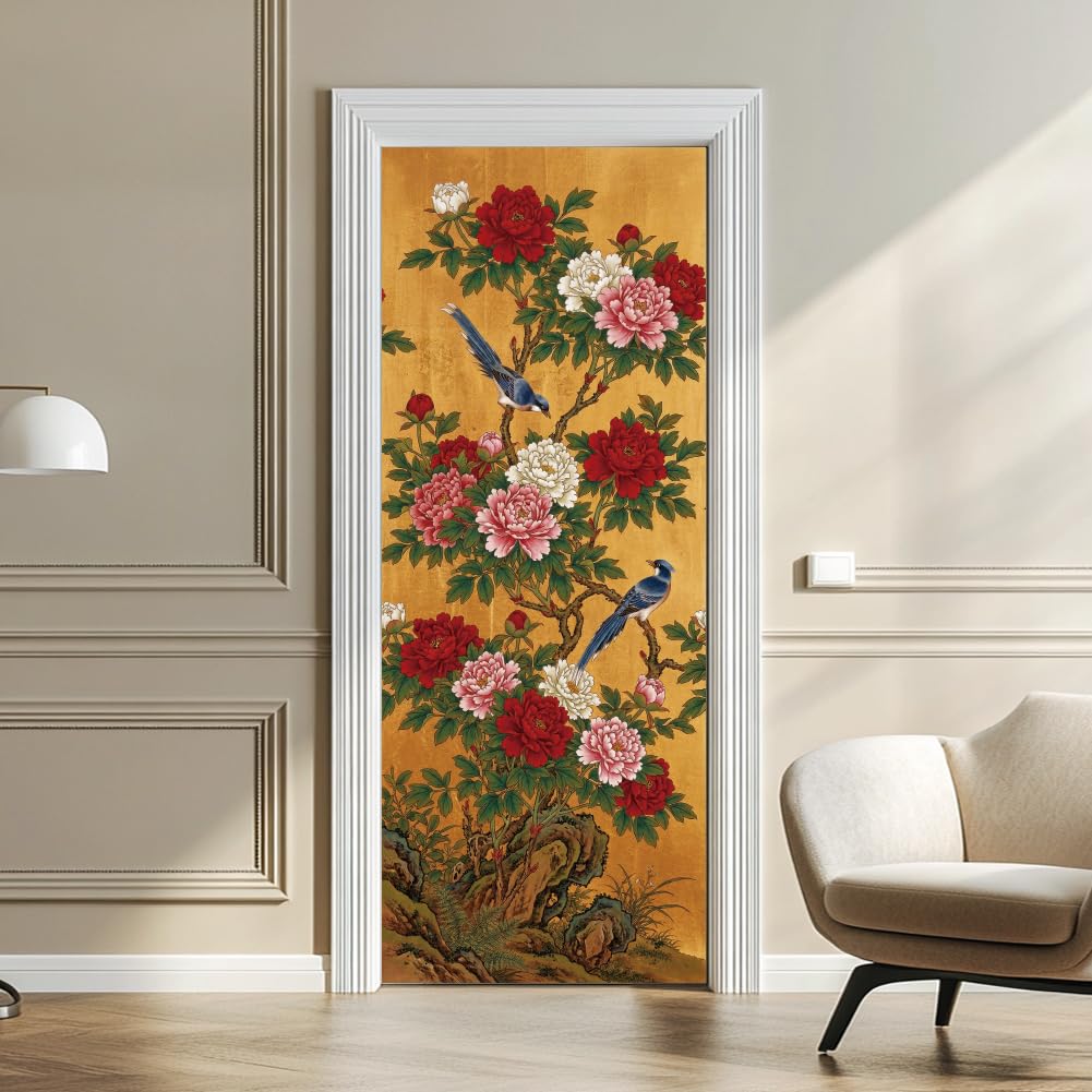 arricraft 2 Pcs Self-Adhesive Door Sticker, Flower Bird Peony