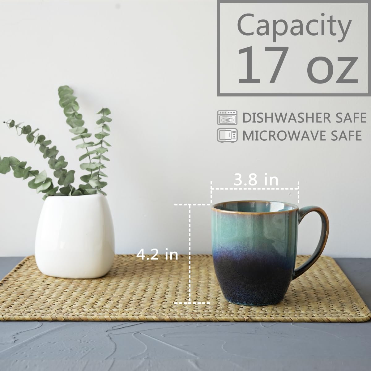 Bosmarlin Juego de 4 tazas de café de cerámica, 17 onzas, 3 colores para elegir, tazas de té, aptas para lavavajillas y microondas, esmalte reactivo... (17 onzas, verde pálido)