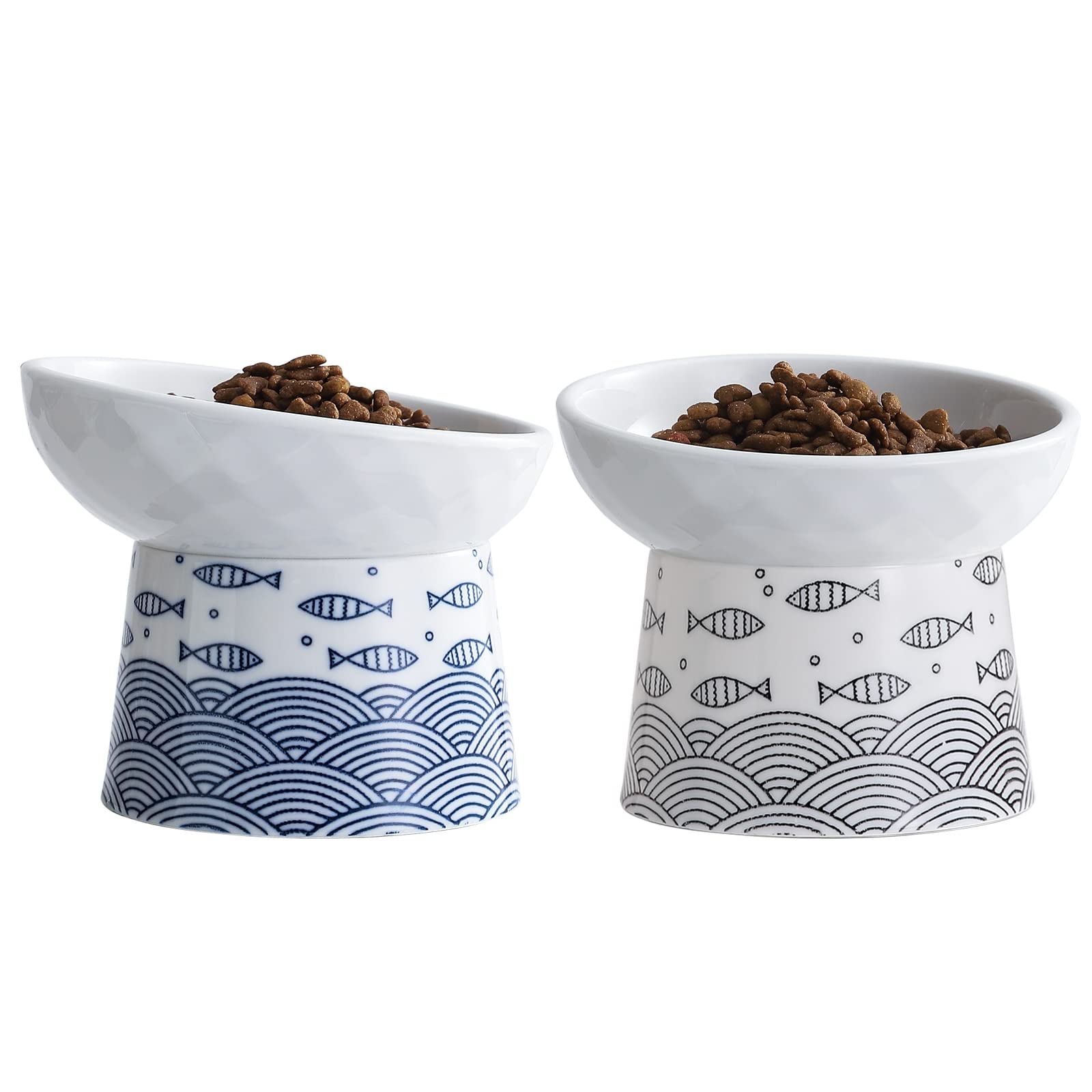 TAMAYKIM Tilted Ceramic Elevated Cat Bowls, Food and Water Raised Bowl Set for Kitty Cats and Small Dogs, Porcelain Stress Free Feeding Pet Bowl Dish, Black & Blue, Set of 2