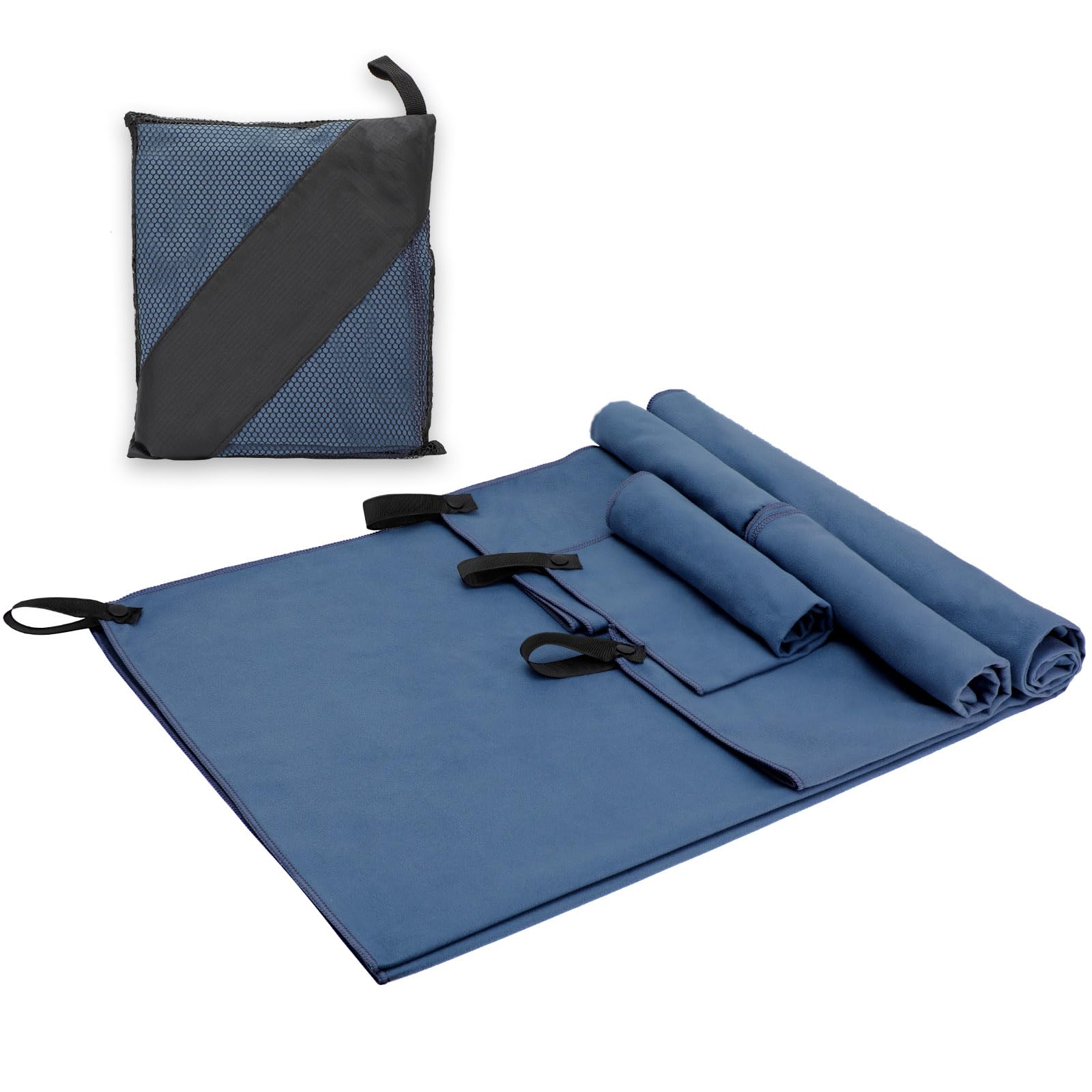 Alyvisun Quick Drying Travel Towels, Super Absorbent Large Gym Towels Set 4 Pack [160x80cm+80x40cm*2+50x30cm], Ultralight Microfibre Towels for Camping Fishing Beach Sports (Blue)