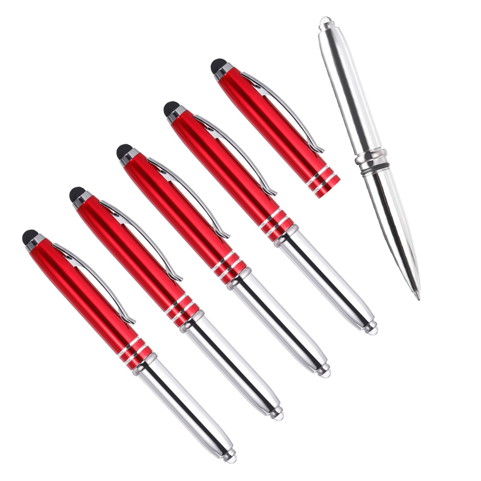YOKIVE 5 Pcs Ballpoint Pen with Stylus Tip and LED Flashlight, 3 in 1 Black Ink Metal Shell Pen 1.0mm Pen Tip, Great for Touch Screen, Office, Home, Writing, Studio, Drawing(125mm, Red)