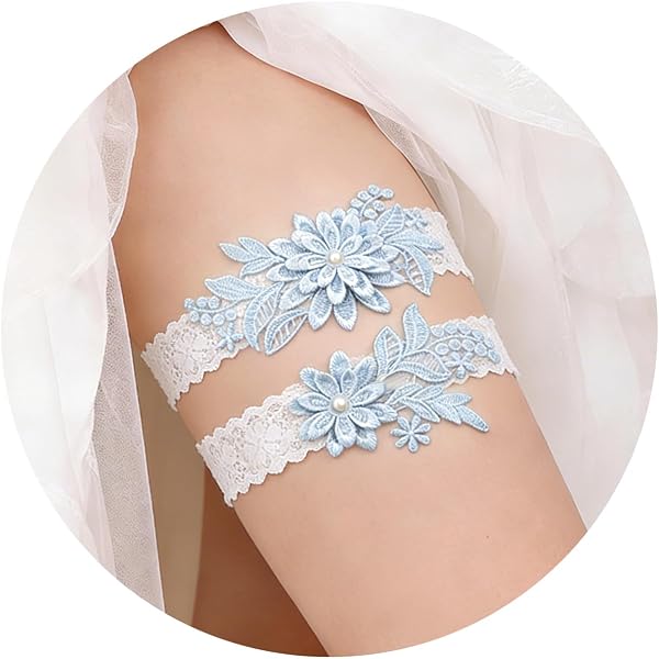 Jarretière de Mariage Bleue pour Mariée, 2pcs Jarretière en Dentelle Élastique avec Perles, Wedding Garters for Bride, Accessoire Mariage, Jarretiere Femme pourMariage, Bal, Fête, Cadeau Mariée(D) - 1