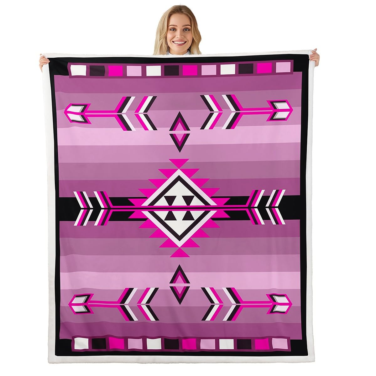 Erosebridal Western Aztec Fleece Bed Blanket Pink Black Boho Sherpa Blanket Baby 30"X40" for Kids Girls Women,American Native Southwestern Throw