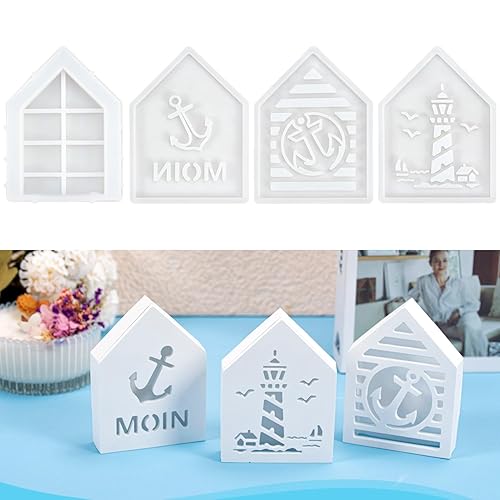 Silikonformen Gießformen Häuser, 4 Stück Silikonform Haus Leuchtturm Maritim Anker, Gießform Haus, Gießformen Silikon Häuser, Silikonform Sommer