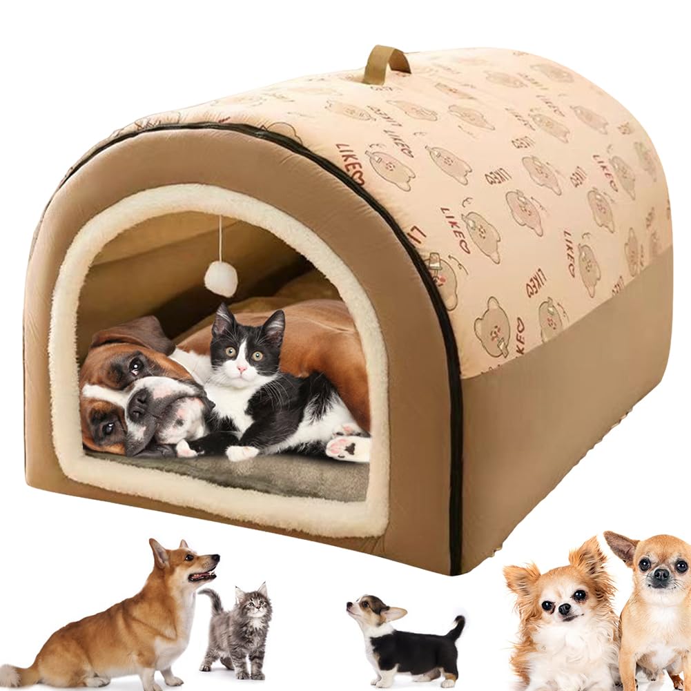 2 in 1 Portable Dog House & Cave Bed with Removable Cover - Foldable Indoor Pet Tent Shelter for Small Medium Dogs and Cats Up to 25 lbs, Brown, All-Season Comfort