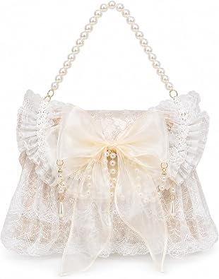 QZUnique Lolita Shoulder Bag Handmade Crossbody Tote Bags with Lace Bow Handbags for Women Girl Purse with Pearl Straps