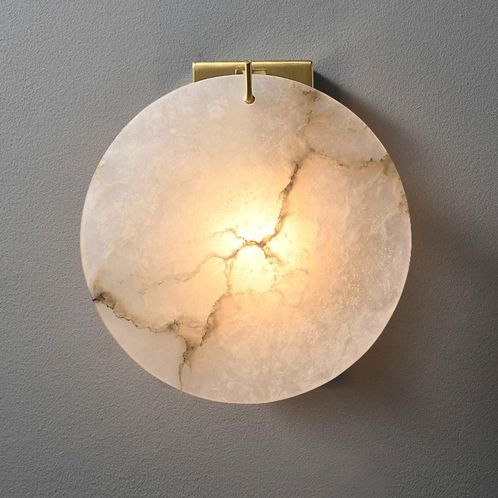 KXKLGWHN 7.8in Round Wall Light, E14 Screw Marble Brass Wall Lamp, Modern Minimalist Style Alabaster Wall Sconce, Hallway Bedside Dressing Table Decorative Lighting Fixtures