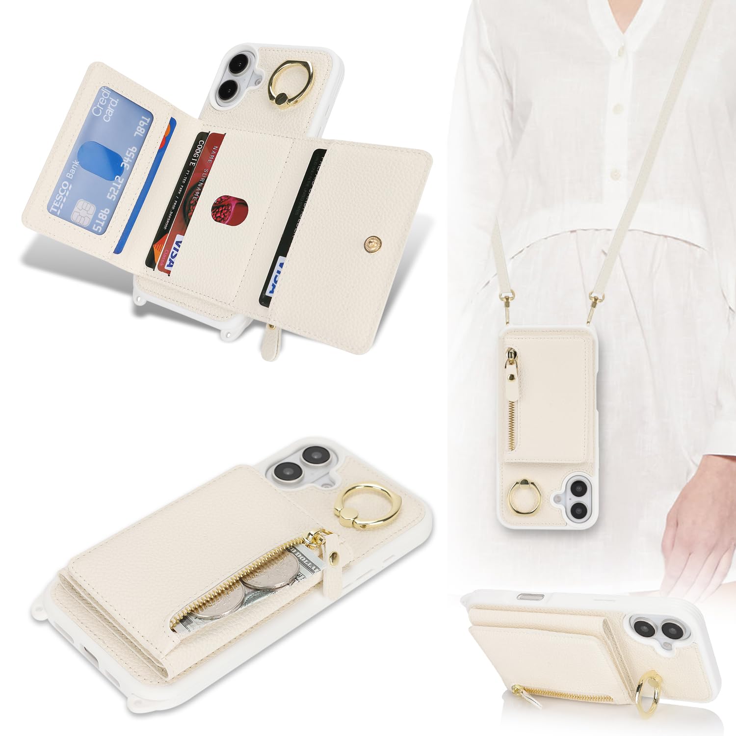 SunYoo for iPhone 16 Plus Wallet Case with Card Holder for Women,for iPhone 16 Plus Case with Strap Crossbody Lanyard Stand Ring,PU Leather Shockproof