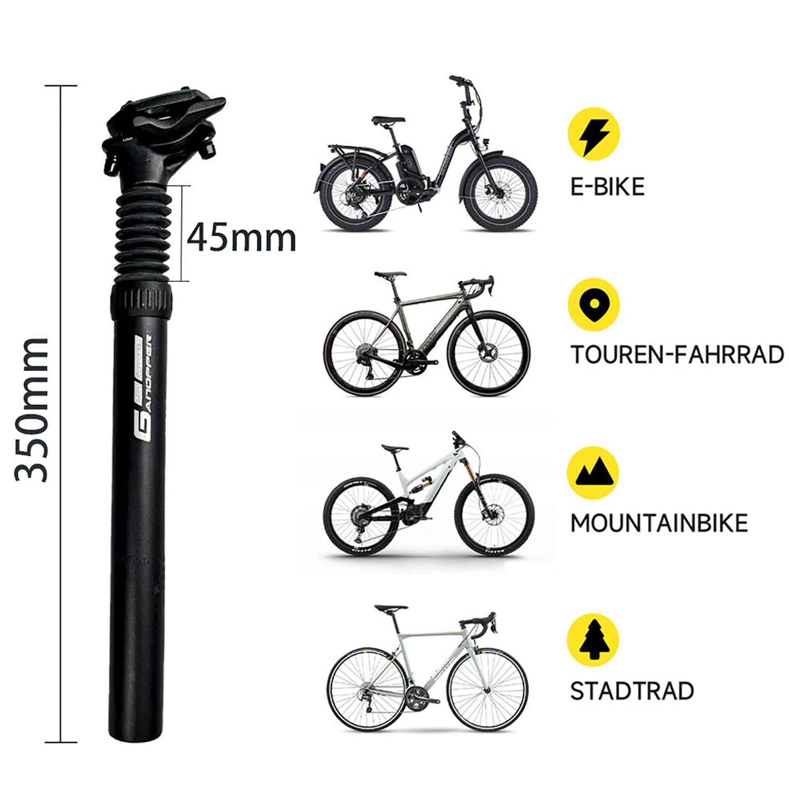 GANOPPER Sattelstütze Gefedert 25,4 mm Federsattelstütze und Absenkbar 350mm Länge Gefederte Sattelstütze 25 4 Fahrradsattel Gefedert Dämpfer 25.4 120kg Für Rennrad,Stadtrad (25.4*350mm) Sport & Freizeit