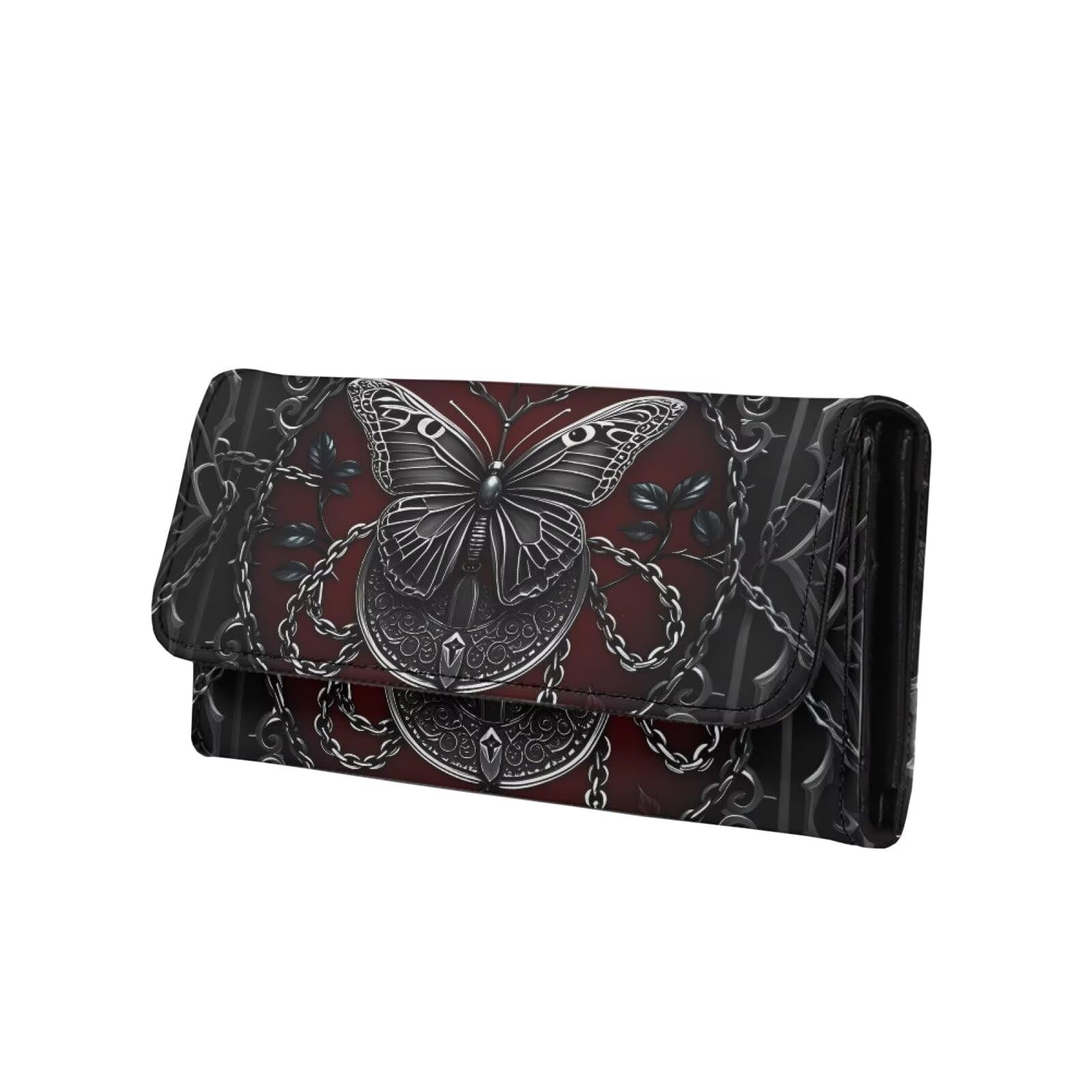 Jolamirel Gothic Butterfly Print Wallet for Women Chain Lock Printed Leather Long Billfold Slim Credit Card Case, Black Red Cards Holder with 2 ID