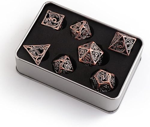 Miniatura 2 de Juego de dados de dragón de cobre para juego de mesa Calabozos y Dragones, dados huecos de metal tallado con diversión multicara (cobre rojizo)