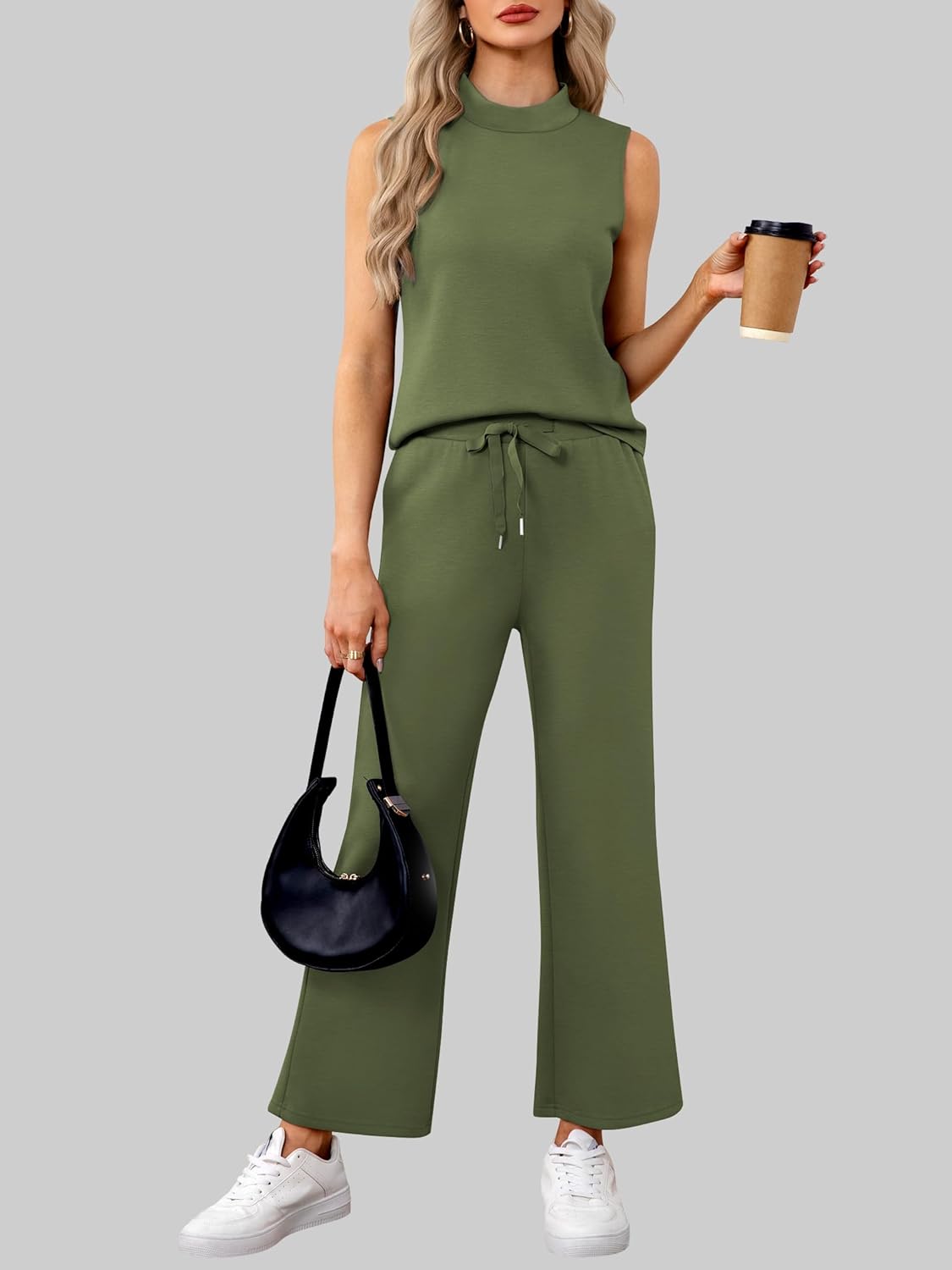 Casly Lamiit Womens 2 Piece Sets Sleeveless Mock Neck Summer Lounge Sets Wide Leg Crop Pants 2026 Vacation Travel Outfits - Image 2