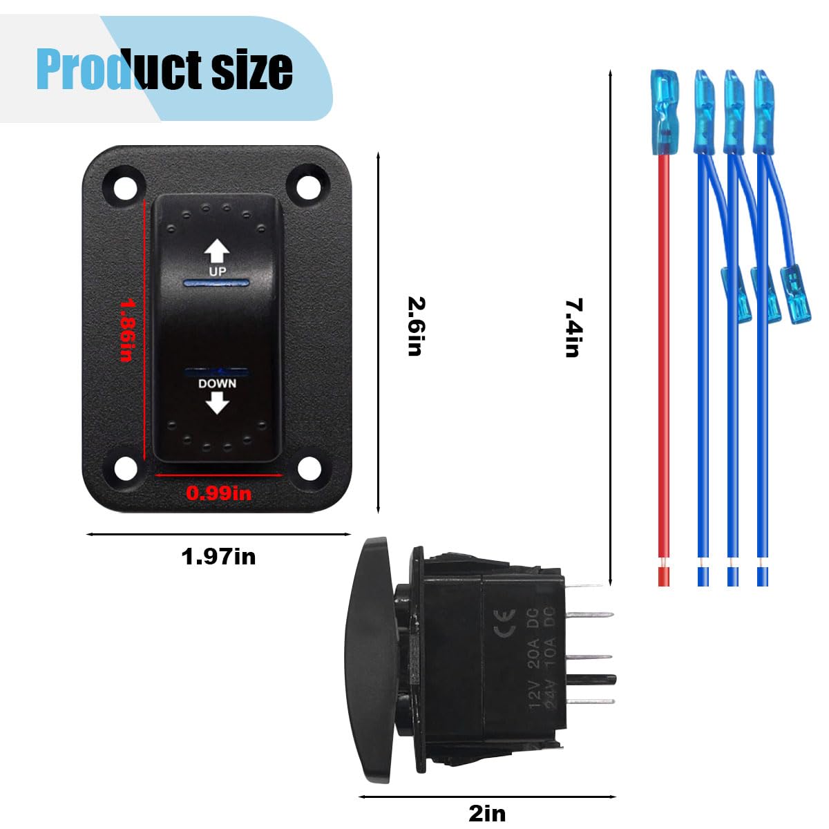Interruttore a bilanciere momentaneo a polarità 20 A 12 V CC – interruttore DPDT a 7 pin con LED blu ON Off ON ON ON con cavo a spirale e vite piastra in alluminio – interruttore a levetta verricello