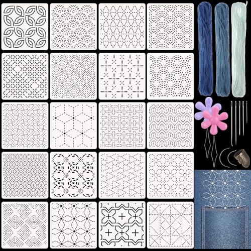 Affrolling 20 Pcs Plastic Sashiko Stencil Kit 4.7 x 4.7 Inch Geometric Sashiko Pattern Template Drawing Line Embroidery Pattern with Thread Needles Embroidery Practice Thimble Sewing for Hand Quilting
