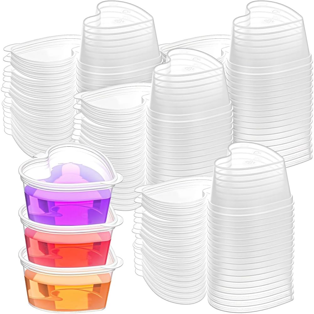 Hndhbfgrt 100 Sets 1.5 Oz Clear Heart Shaped Jello Cups with Lids, Small Condiment Containers, Dipping Sauce Cup to Go Bowls