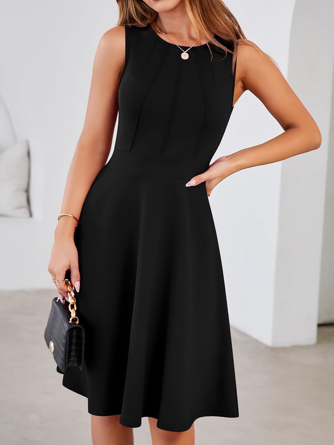 YATHON Fit and Flare Cocktail Dress A-Line Pleated Knee Length Stretchy Semi Formal Dresses for Women with Pockets