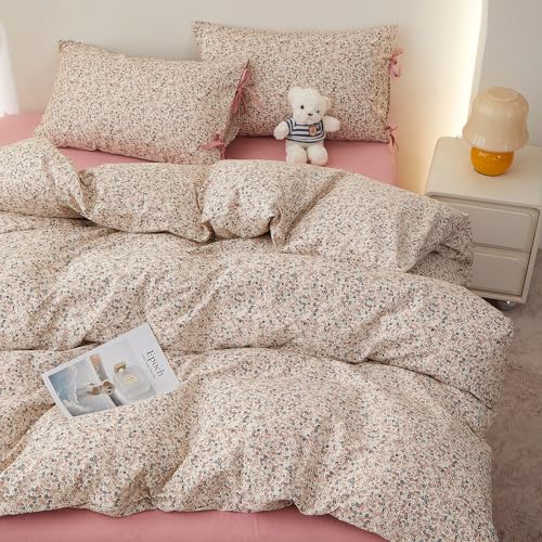 Image of Pink Floral Comforter Set King, Aesthetic Botanical Flowers Comforter with 2 Bow Ties Pillowcases, Lightweight Cute Girls Floral Bedding Comforter Vintage Cottagecore Comforter Set for All Season